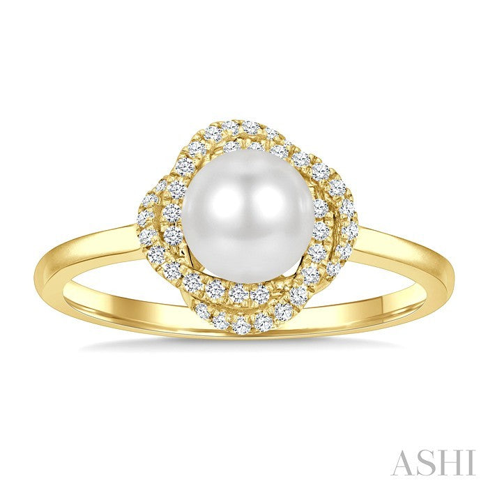 6 MM Cultured Pearl and 1/6 Ctw Round Cut Diamond Petite Fashion Ring in 10K Yellow Gold