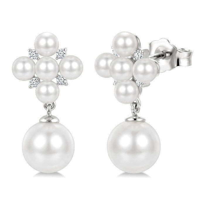 3MM & 7MM White Cultured Pearl and 1/10 Ctw Round Cut Diamond Fashion Earrings in 10K White Gold