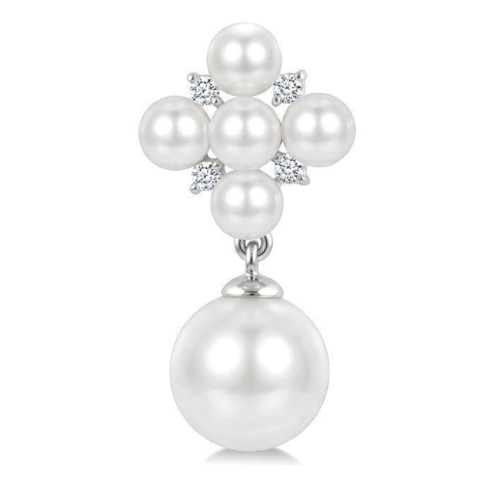 3MM & 7MM White Cultured Pearl and 1/10 Ctw Round Cut Diamond Fashion Earrings in 10K White Gold