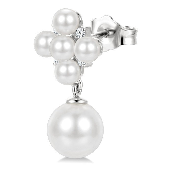 3MM & 7MM White Cultured Pearl and 1/10 Ctw Round Cut Diamond Fashion Earrings in 10K White Gold