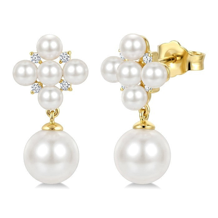 3MM & 7MM White Cultured Pearl and 1/10 Ctw Round Cut Diamond Fashion Earrings in 10K Yellow Gold
