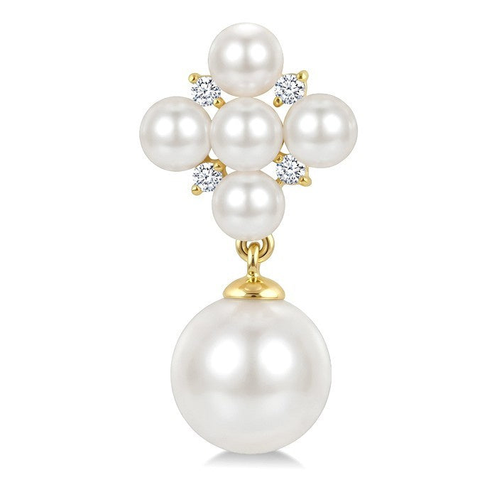 3MM & 7MM White Cultured Pearl and 1/10 Ctw Round Cut Diamond Fashion Earrings in 10K Yellow Gold
