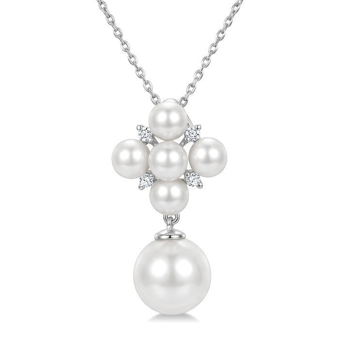 4MM & 8MM White Cultured Pearl and 1/20 Ctw Round Cut Diamond Fashion Pendant With Chain in 10K White Gold