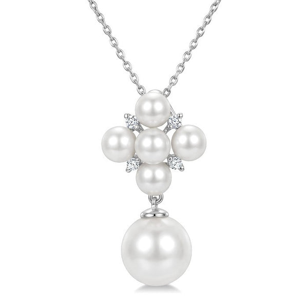4MM & 8MM White Cultured Pearl and 1/20 Ctw Round Cut Diamond Fashion Pendant With Chain in 10K White Gold