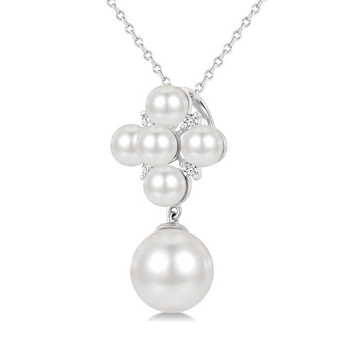 4MM & 8MM White Cultured Pearl and 1/20 Ctw Round Cut Diamond Fashion Pendant With Chain in 10K White Gold