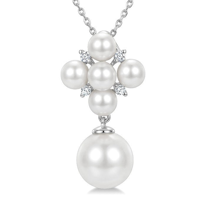4MM & 8MM White Cultured Pearl and 1/20 Ctw Round Cut Diamond Fashion Pendant With Chain in 10K White Gold