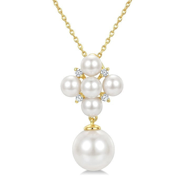 4MM & 8MM White Cultured Pearl and 1/20 Ctw Round Cut Diamond Fashion Pendant With Chain in 10K Yellow Gold