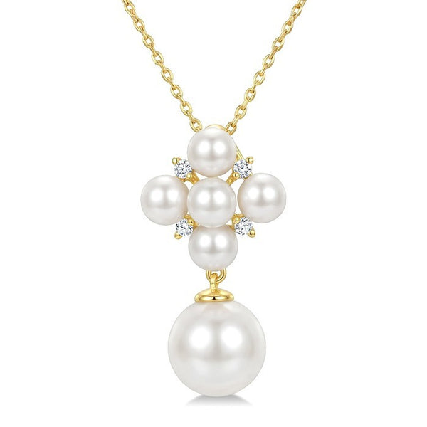 4MM & 8MM White Cultured Pearl and 1/20 Ctw Round Cut Diamond Fashion Pendant With Chain in 10K Yellow Gold