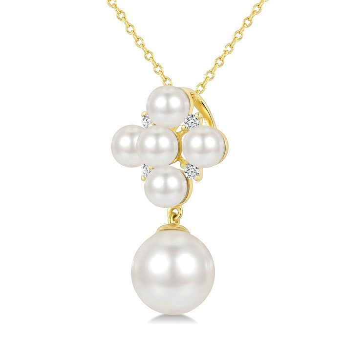 4MM & 8MM White Cultured Pearl and 1/20 Ctw Round Cut Diamond Fashion Pendant With Chain in 10K Yellow Gold