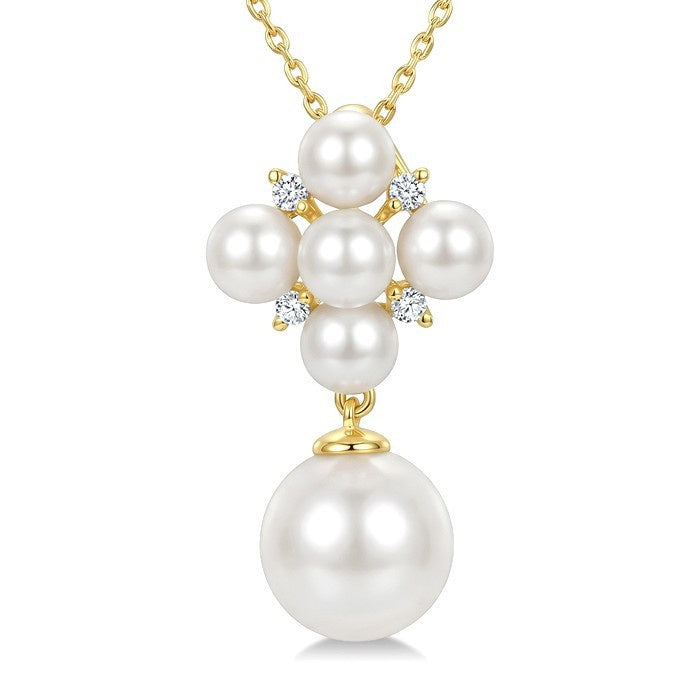 4MM & 8MM White Cultured Pearl and 1/20 Ctw Round Cut Diamond Fashion Pendant With Chain in 10K Yellow Gold