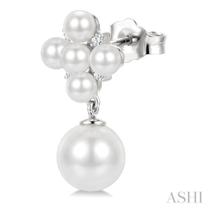3MM & 7MM White Cultured Pearl and 1/10 Ctw Round Cut Diamond Fashion Earrings in 10K White Gold