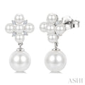 3MM & 7MM White Cultured Pearl and 1/10 Ctw Round Cut Diamond Fashion Earrings in 10K White Gold