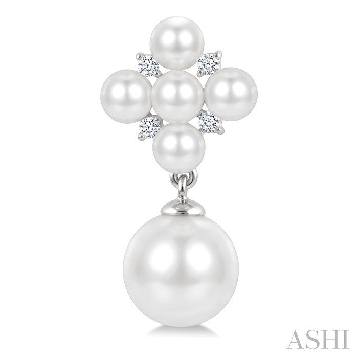 3MM & 7MM White Cultured Pearl and 1/10 Ctw Round Cut Diamond Fashion Earrings in 10K White Gold