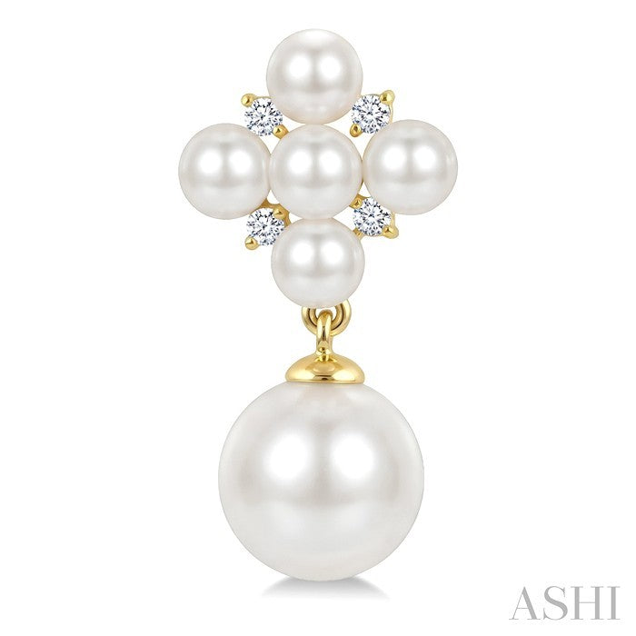 3MM & 7MM White Cultured Pearl and 1/10 Ctw Round Cut Diamond Fashion Earrings in 10K Yellow Gold