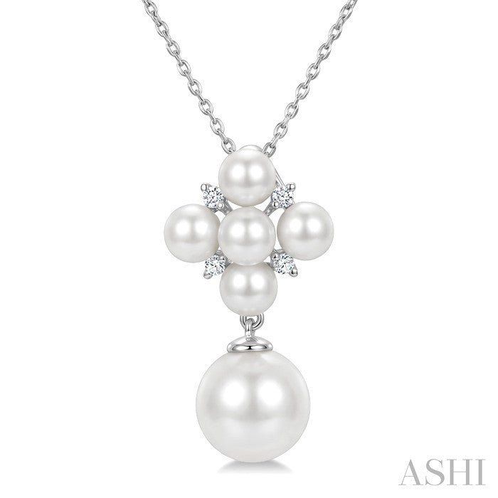 4MM & 8MM White Cultured Pearl and 1/20 Ctw Round Cut Diamond Fashion Pendant With Chain in 10K White Gold