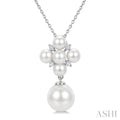 4MM & 8MM White Cultured Pearl and 1/20 Ctw Round Cut Diamond Fashion Pendant With Chain in 10K White Gold