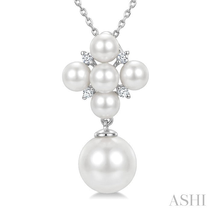 4MM & 8MM White Cultured Pearl and 1/20 Ctw Round Cut Diamond Fashion Pendant With Chain in 10K White Gold