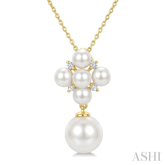 4MM & 8MM White Cultured Pearl and 1/20 Ctw Round Cut Diamond Fashion Pendant With Chain in 10K Yellow Gold