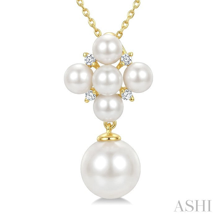 4MM & 8MM White Cultured Pearl and 1/20 Ctw Round Cut Diamond Fashion Pendant With Chain in 10K Yellow Gold