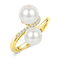 7 MM and 8 MM White Cultured Pearl and 1/10 Ctw Round Cut Diamond 2 Stone Fashion Ring in 10K Yellow Gold