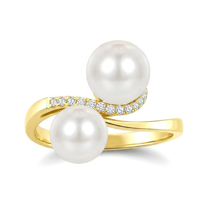 7 MM and 8 MM White Cultured Pearl and 1/10 Ctw Round Cut Diamond 2 Stone Fashion Ring in 10K Yellow Gold