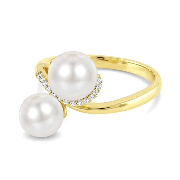 7 MM and 8 MM White Cultured Pearl and 1/10 Ctw Round Cut Diamond 2 Stone Fashion Ring in 10K Yellow Gold