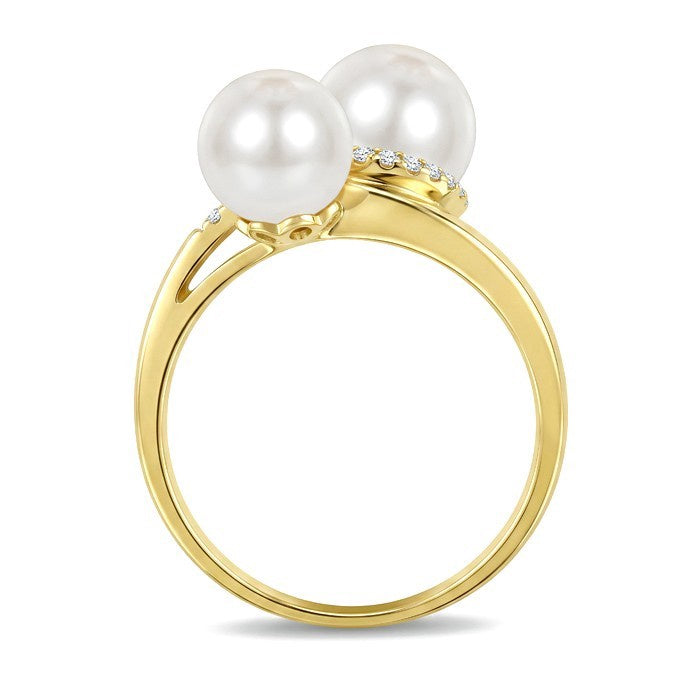 7 MM and 8 MM White Cultured Pearl and 1/10 Ctw Round Cut Diamond 2 Stone Fashion Ring in 10K Yellow Gold