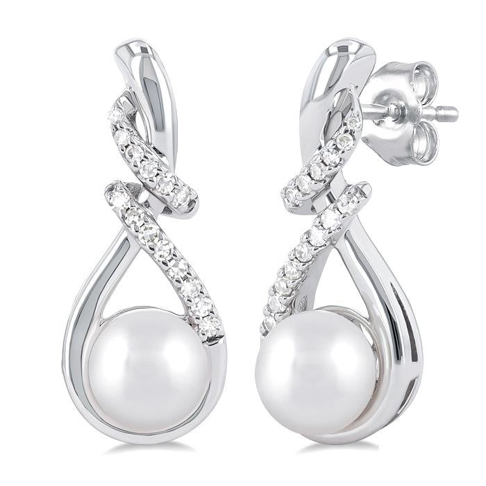 6 MM Round Shape Cultured Pearl and 1/6 Ctw Swirl Top Round Cut Diamond Fashion Earrings in 10K White Gold