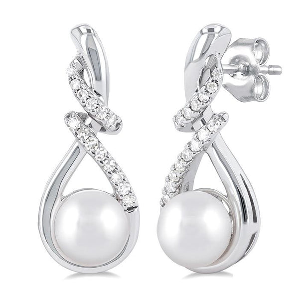 6 MM Round Shape Cultured Pearl and 1/6 Ctw Swirl Top Round Cut Diamond Fashion Earrings in 10K White Gold