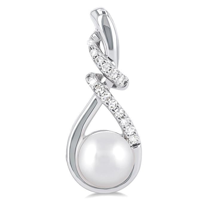 6 MM Round Shape Cultured Pearl and 1/6 Ctw Swirl Top Round Cut Diamond Fashion Earrings in 10K White Gold