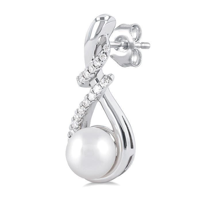 6 MM Round Shape Cultured Pearl and 1/6 Ctw Swirl Top Round Cut Diamond Fashion Earrings in 10K White Gold