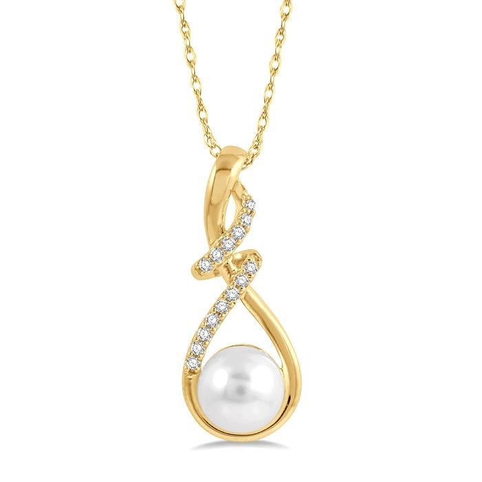 7 MM Round Shape Cultured Pearl and 1/10 Ctw Swirl Top Round Cut Diamond Fashion Pendant With Chain in 10K Yellow Gold