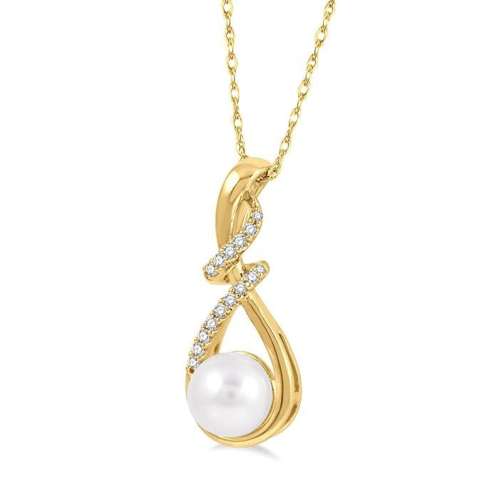 7 MM Round Shape Cultured Pearl and 1/10 Ctw Swirl Top Round Cut Diamond Fashion Pendant With Chain in 10K Yellow Gold