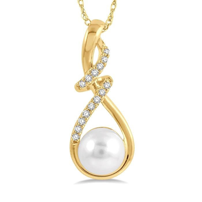 7 MM Round Shape Cultured Pearl and 1/10 Ctw Swirl Top Round Cut Diamond Fashion Pendant With Chain in 10K Yellow Gold