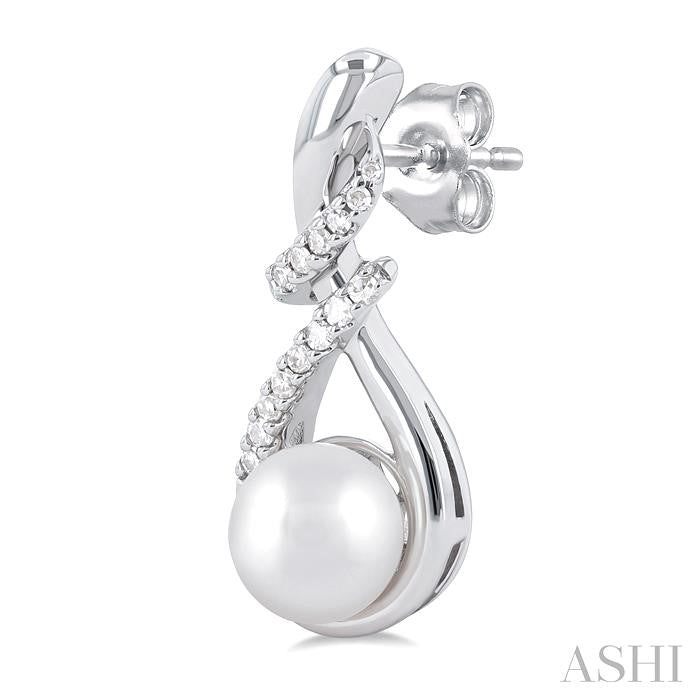 6 MM Round Shape Cultured Pearl and 1/6 Ctw Swirl Top Round Cut Diamond Fashion Earrings in 10K White Gold