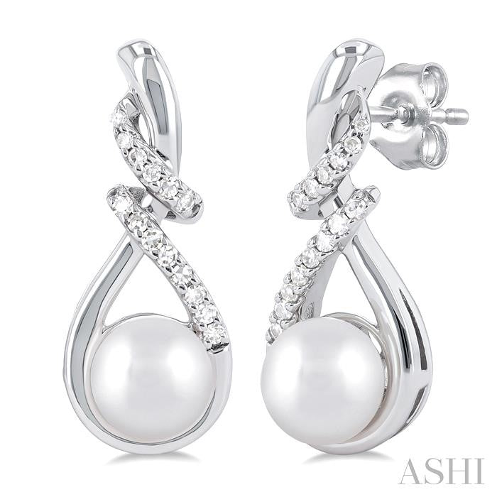 6 MM Round Shape Cultured Pearl and 1/6 Ctw Swirl Top Round Cut Diamond Fashion Earrings in 10K White Gold