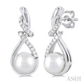 6 MM Round Shape Cultured Pearl and 1/6 Ctw Swirl Top Round Cut Diamond Fashion Earrings in 10K White Gold