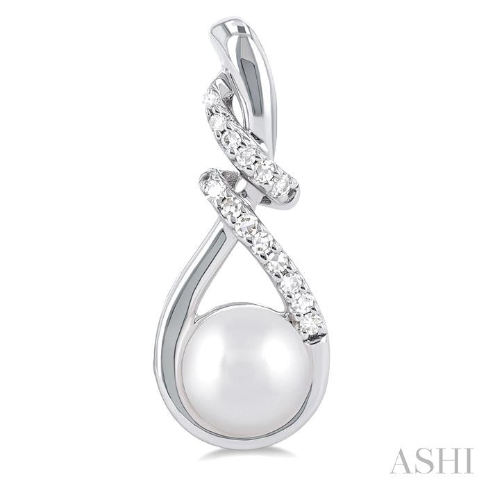 6 MM Round Shape Cultured Pearl and 1/6 Ctw Swirl Top Round Cut Diamond Fashion Earrings in 10K White Gold