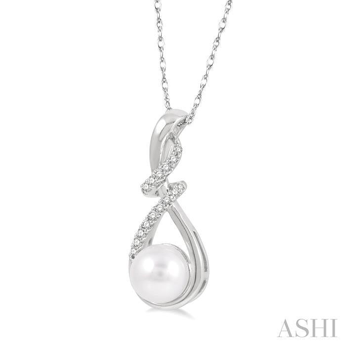 7 MM Round Shape Cultured Pearl and 1/10 Ctw Swirl Top Round Cut Diamond Fashion Pendant With Chain in 10K White Gold