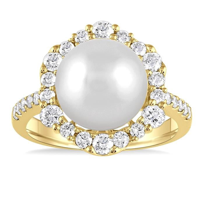 10 MM Cultured Pearl and 3/4 Ctw Hexagon Shape Round Cut Diamond Ring in 14K Yellow Gold