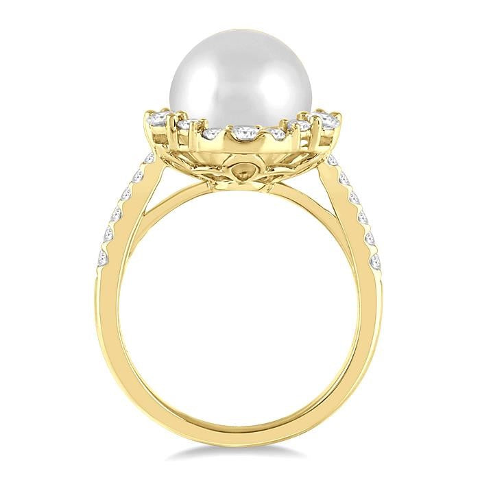 10 MM Cultured Pearl and 3/4 Ctw Hexagon Shape Round Cut Diamond Ring in 14K Yellow Gold
