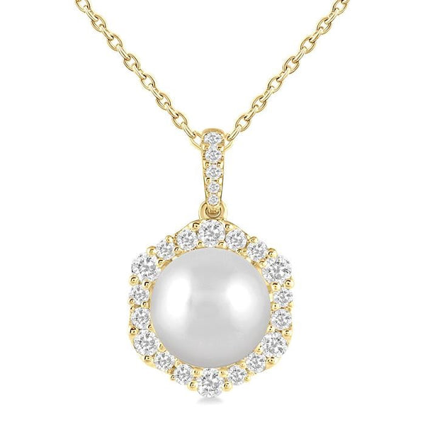 10 MM Cultured Pearl and 5/8 Ctw Hexagon Shape Round Cut Diamond Pendant With Chain in 14K Yellow Gold