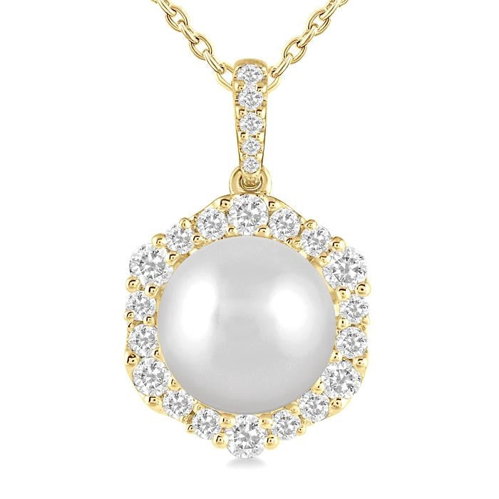 10 MM Cultured Pearl and 5/8 Ctw Hexagon Shape Round Cut Diamond Pendant With Chain in 14K Yellow Gold