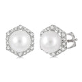 7 MM Cultured Pearls and 1/3 Ctw Hexagon Shape Round Cut Diamond Earrings in 14K White Gold