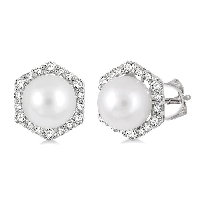 7 MM Cultured Pearls and 1/3 Ctw Hexagon Shape Round Cut Diamond Earrings in 14K White Gold