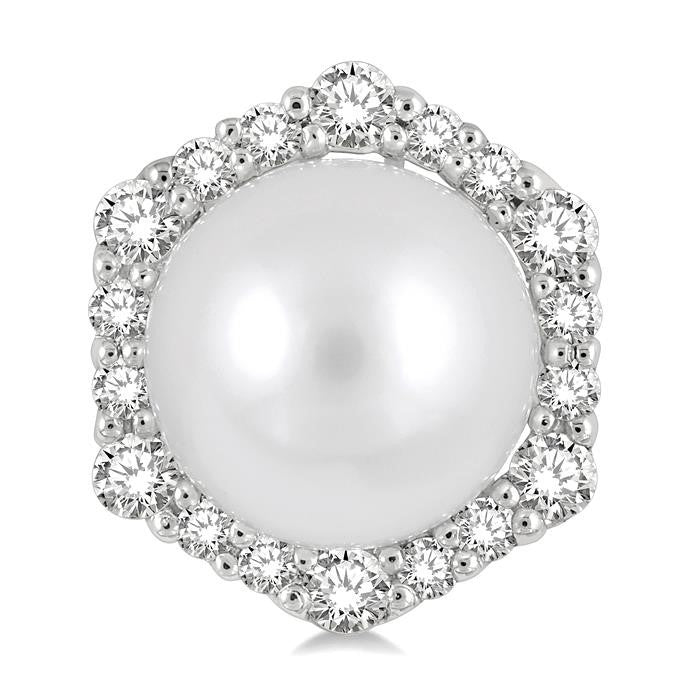 7 MM Cultured Pearls and 1/3 Ctw Hexagon Shape Round Cut Diamond Earrings in 14K White Gold