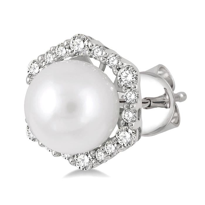 7 MM Cultured Pearls and 1/3 Ctw Hexagon Shape Round Cut Diamond Earrings in 14K White Gold