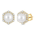 7 MM Cultured Pearls and 1/3 Ctw Hexagon Shape Round Cut Diamond Earrings in 14K Yellow Gold
