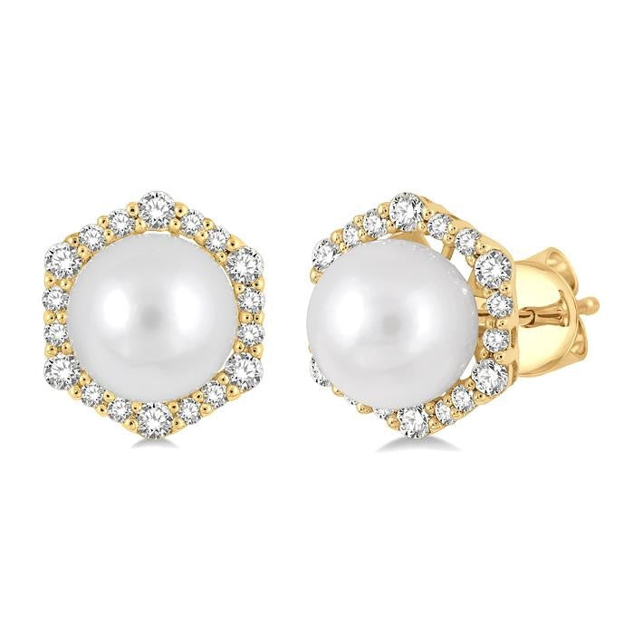 7 MM Cultured Pearls and 1/3 Ctw Hexagon Shape Round Cut Diamond Earrings in 14K Yellow Gold