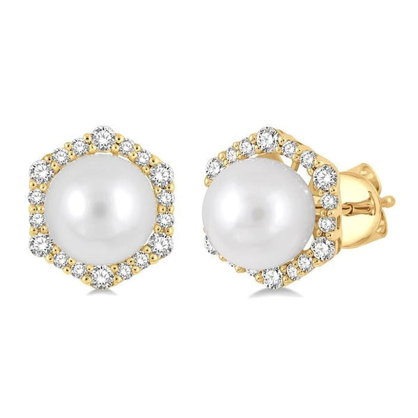 7 MM Cultured Pearls and 1/3 Ctw Hexagon Shape Round Cut Diamond Earrings in 14K Yellow Gold